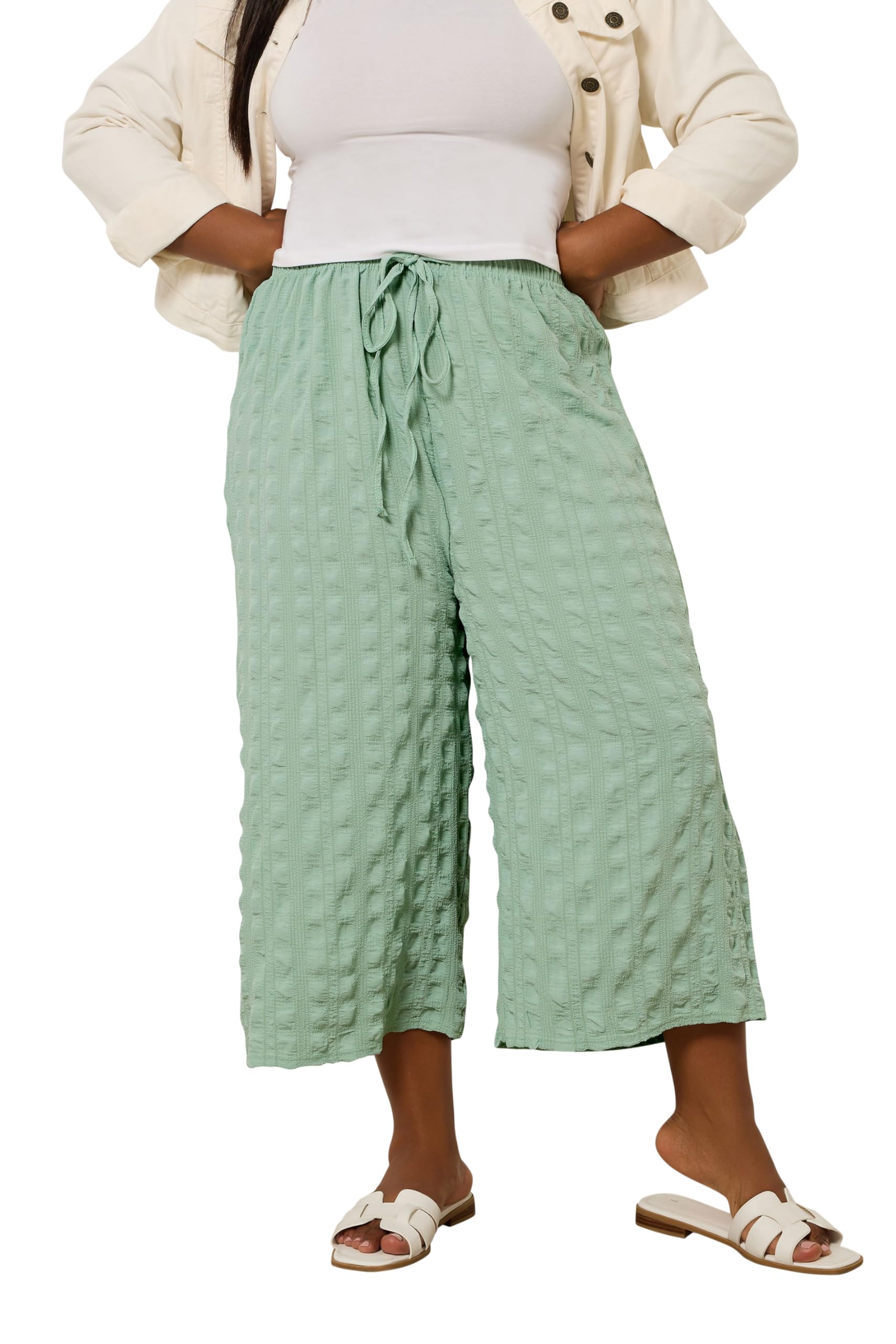 Yours Women's Light Green Textured Tie Waist Culottes In Size 22-24