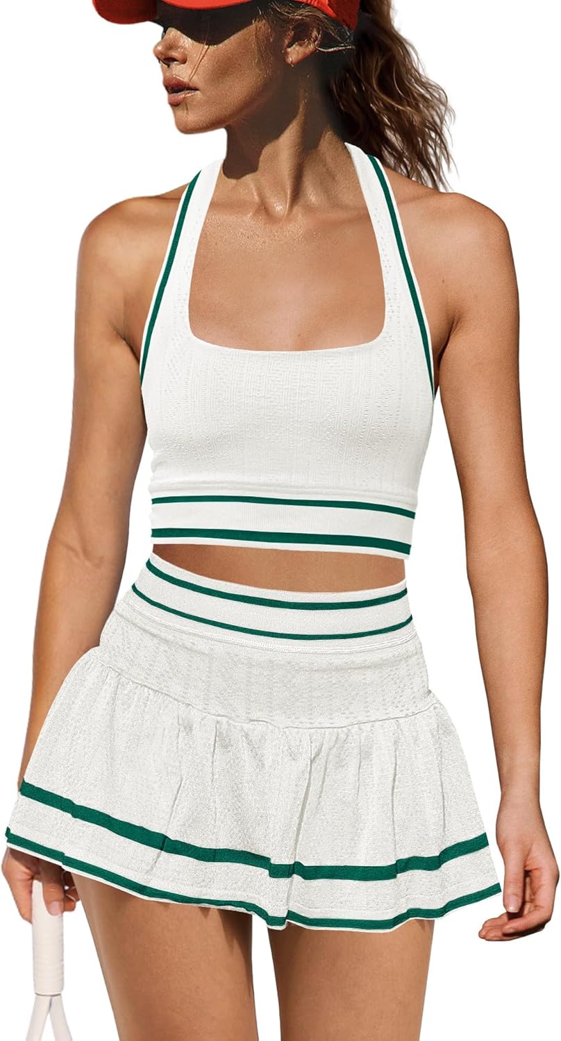 ReachMe Womens Two Piece Tennis Skirt Set 2 Piece Golf Outfits Halter Top and Mini Skorts Matching Workout Sets - Image 7