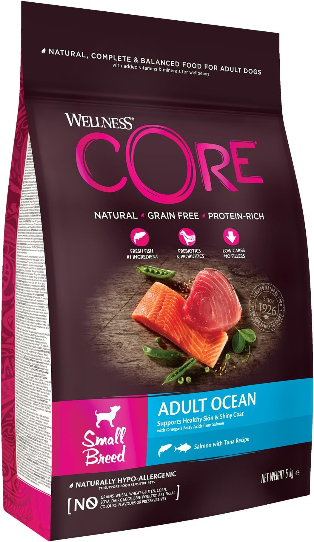 Ocean 5 kg, Salmon & Tuna – Dry Dog Food for Small Breeds, Grain-Free, Natural, Hypoallergenic, Protein-Rich, High Fish Content, Supports Healthy Skin & Shiny Coat