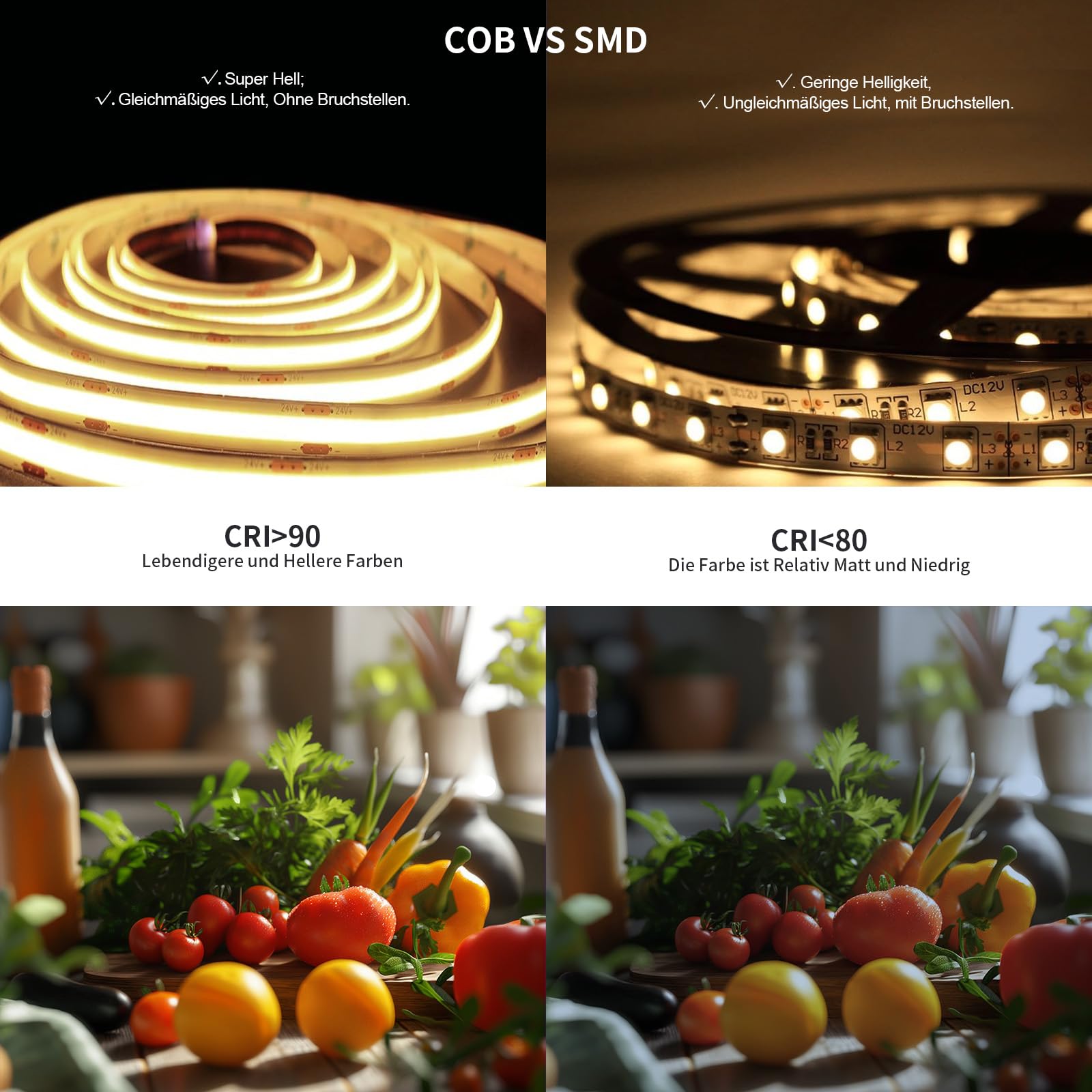 Taśma LED COB 6 m, ciepła biel, możliwość ściemniania, 24 V, 3000 K, CRI90+ taśma świetlna LED, z zasilaczem sieciowym i pilotem zdalnego sterowania RF, do kuchni, sypialni, salonu, szafy