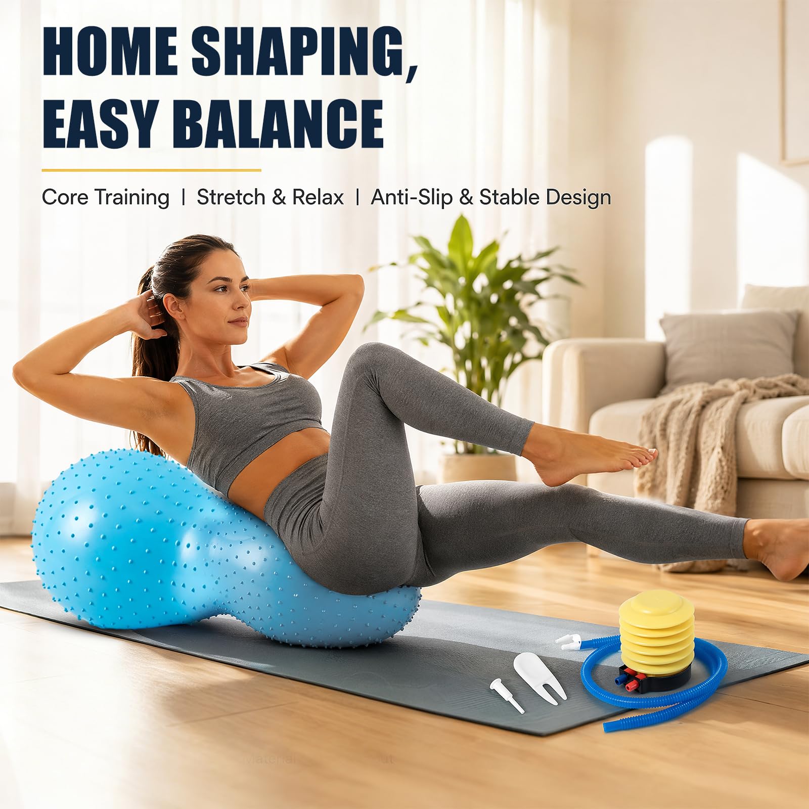 Pelota de yoga cacahuete 45x90 cm antipinchazos con bomba de aire azul