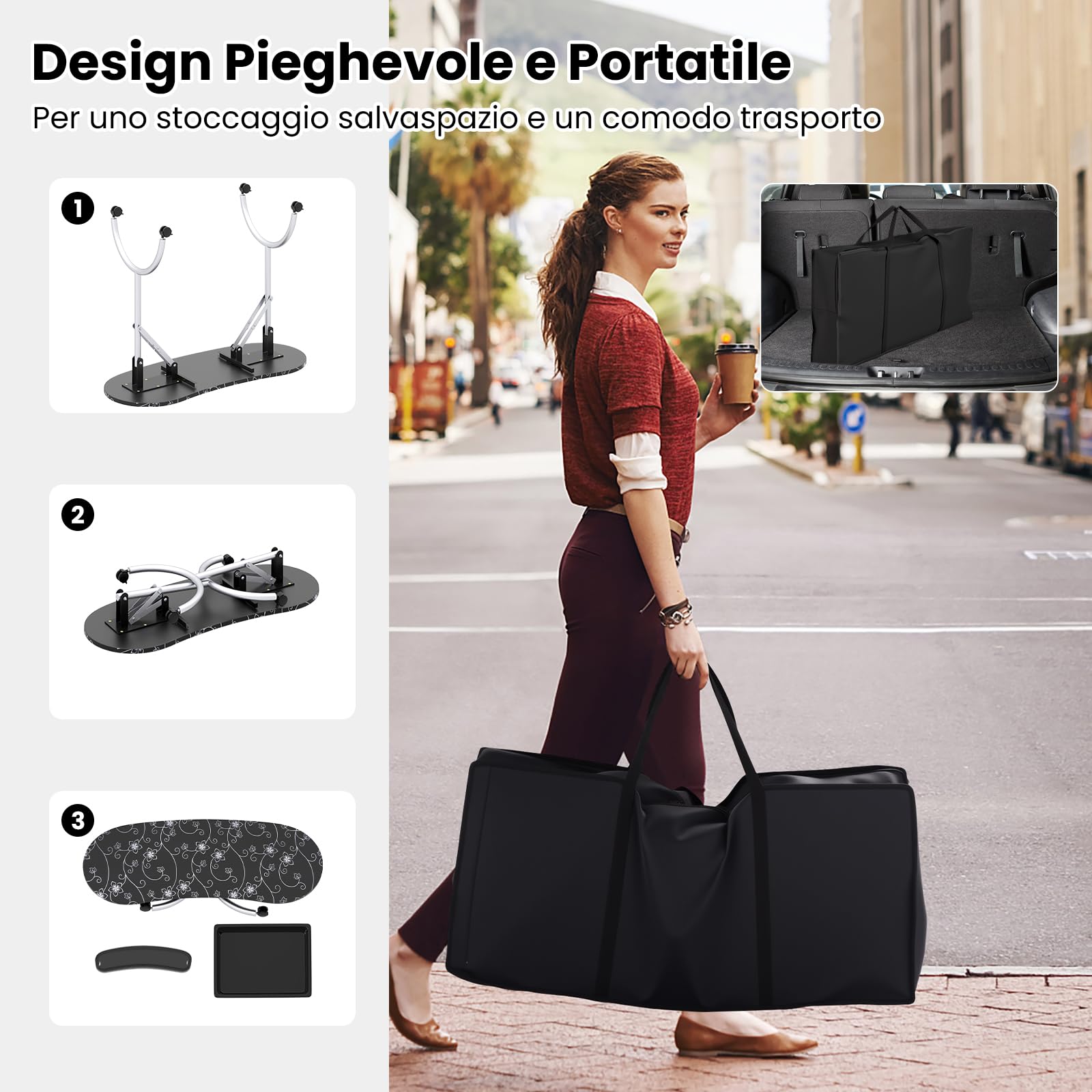 COSTWAY Tavolo Manicure Pieghevole, Tavolo Unghie Estetista Portatile con Ruote, Cassetto, Cuscino Poggiapolsi e Borsa