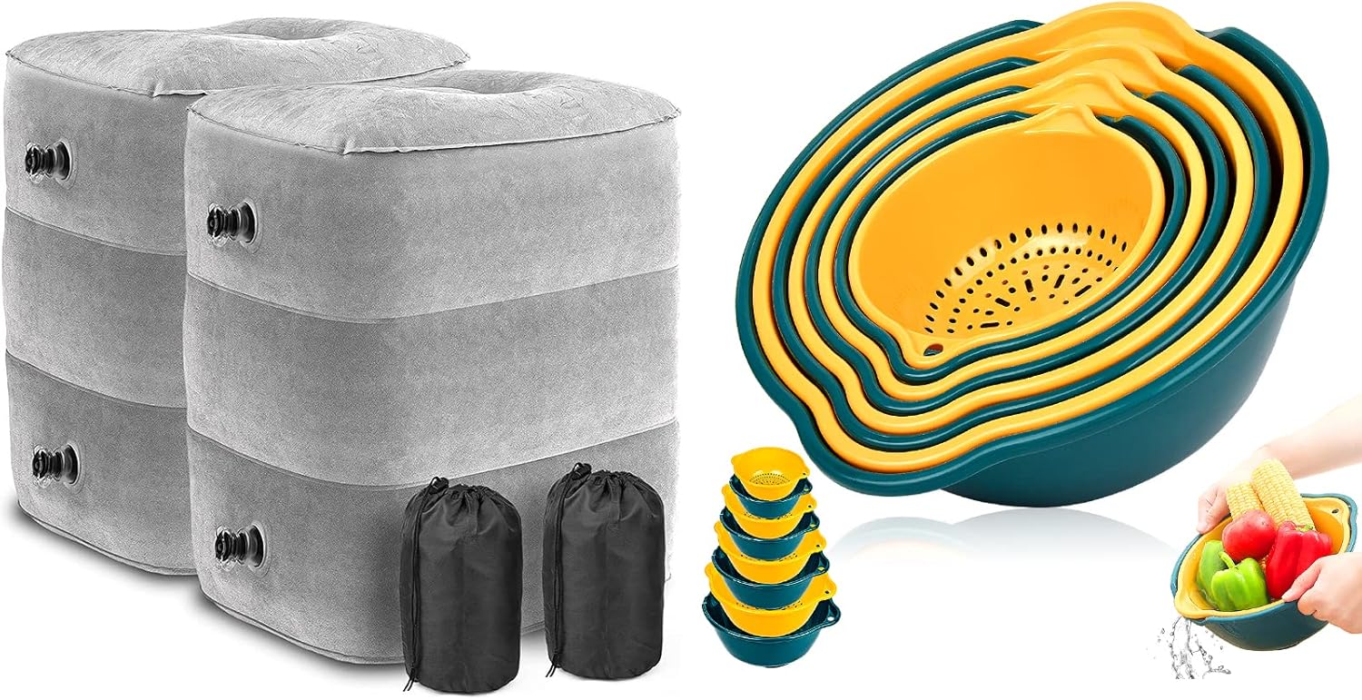 Eschen Inflatable Travel Foot Rest Pillow, Toddler & Kids Airplane Bed for Sleeping, 8-Pack Colander, Strainer Drain Basket Set Plastic Double Layered Stackable Detachable Bowl Strainer