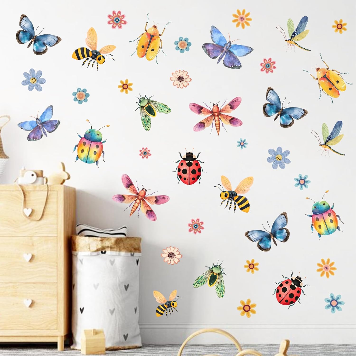 Mfault Watercolor Butterfly Bee Flower Wall Decals Stickers, Dragonfly Ladybug Floral Wildflower Decorations Bedroom Art, Spring Summer Home Living Room Kitchen Decor