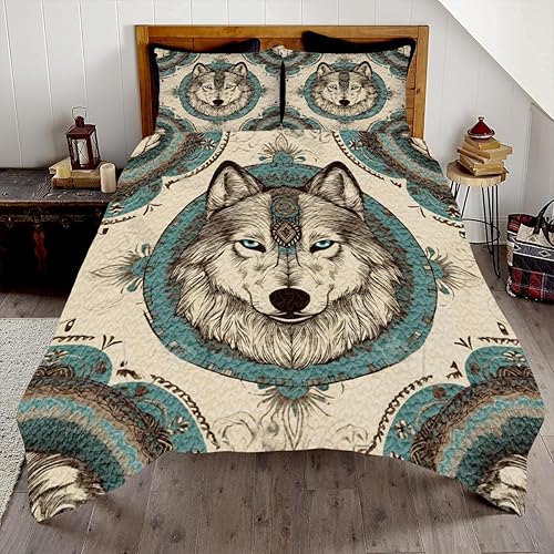 Miniatura 6 de Juego de edredón con patrón de lobo personalizado, ropa de cama tamaño King, juego de edredón de lobo colorido, edredón de lobo tamaño individual