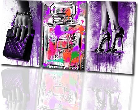 3PCS Purple Fashion Women Canvas Wall Art High Heels Handbags Perfume Picture Wall Art Graffiti Splash Fashion Painting PrintsWomen-1,16x24inchx3 Pieces 40x60cmx3 Pieces