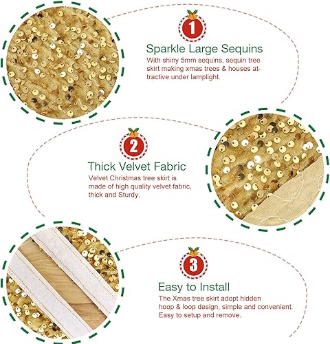 Miniatura 3 de Falda de árbol de Navidad con purpurina dorada de 21 pulgadas, falda de árbol de terciopelo con lentejuelas para árboles delgados, cuello de árbol