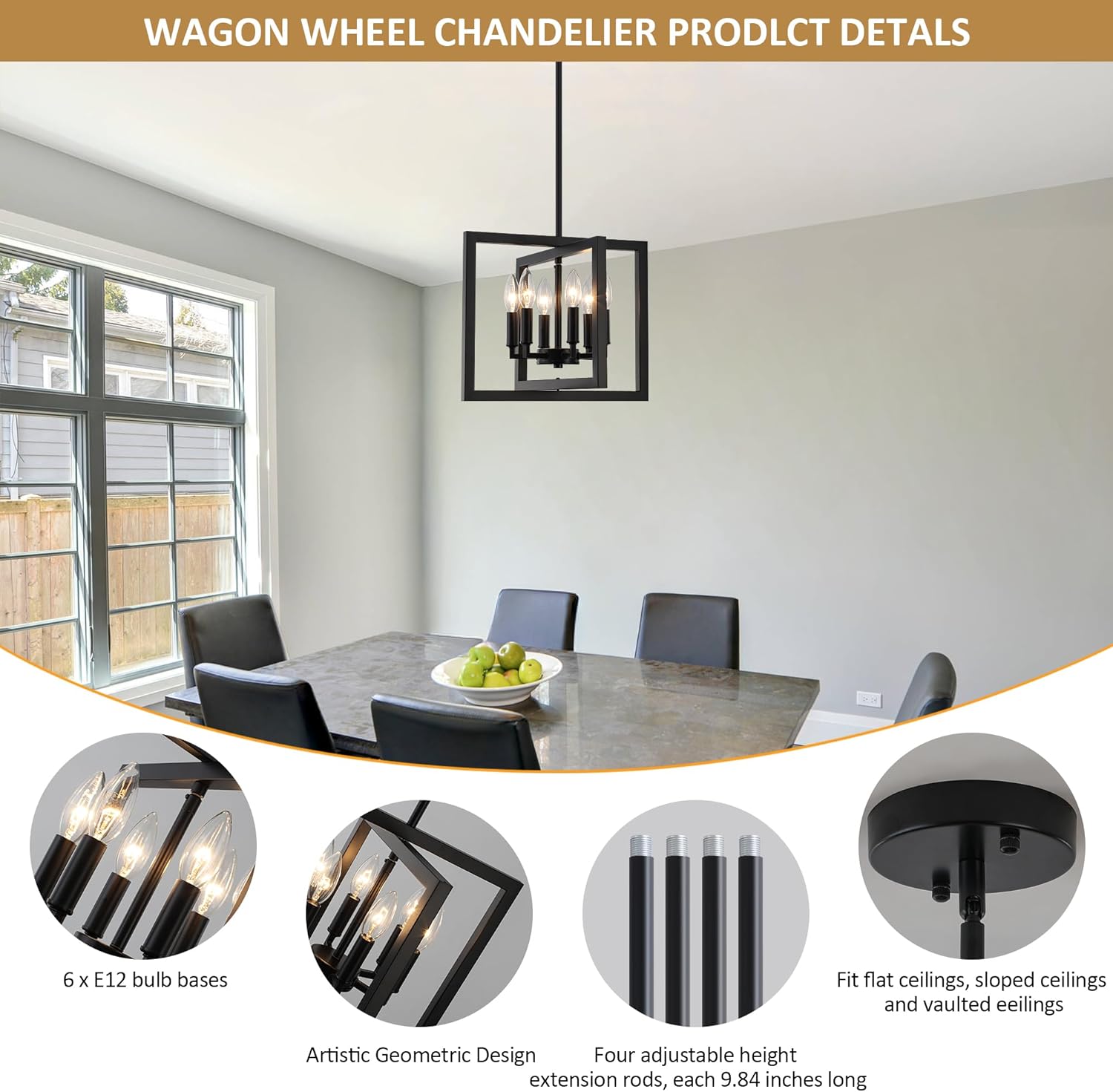 ANKYLHUA Small Black Chandelier, 6-Light Dining Room Pendant Light Fixture Geometric Metal Modern Industrial Chandelier Lighting for Farmhouse Entryway Living Room Kitchen Island Hallway Foyer