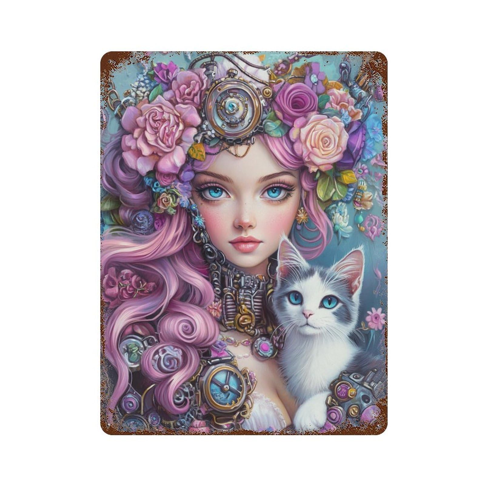 Rust Effect Tin Sign Steampunk Floral Fantasy 15.7"x11.8", Vintage Wall Decor for Living Room, Hallway And Home Decor