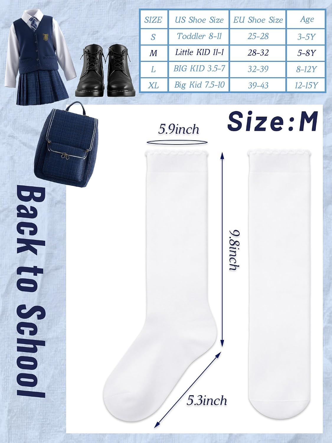 Ramede 6 Pack Ruffle Knee High Socks School Uniform Dress Scallop Socks Seamless Cotton for Girls Black White Navy Blue