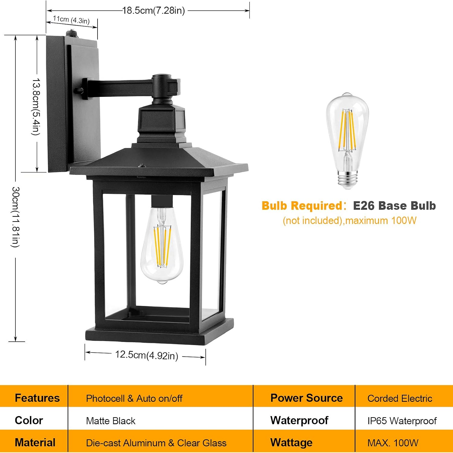 PARTPHONER 2 Pack Outdoor Light Fixtures Wall Mount Sconce, Dusk to Dawn Sensor Exterior Wall Lantern, Anti-Rust Waterproof Porch Light Fixtures Wall Lamp with Clear Glass for Garage, Doorway