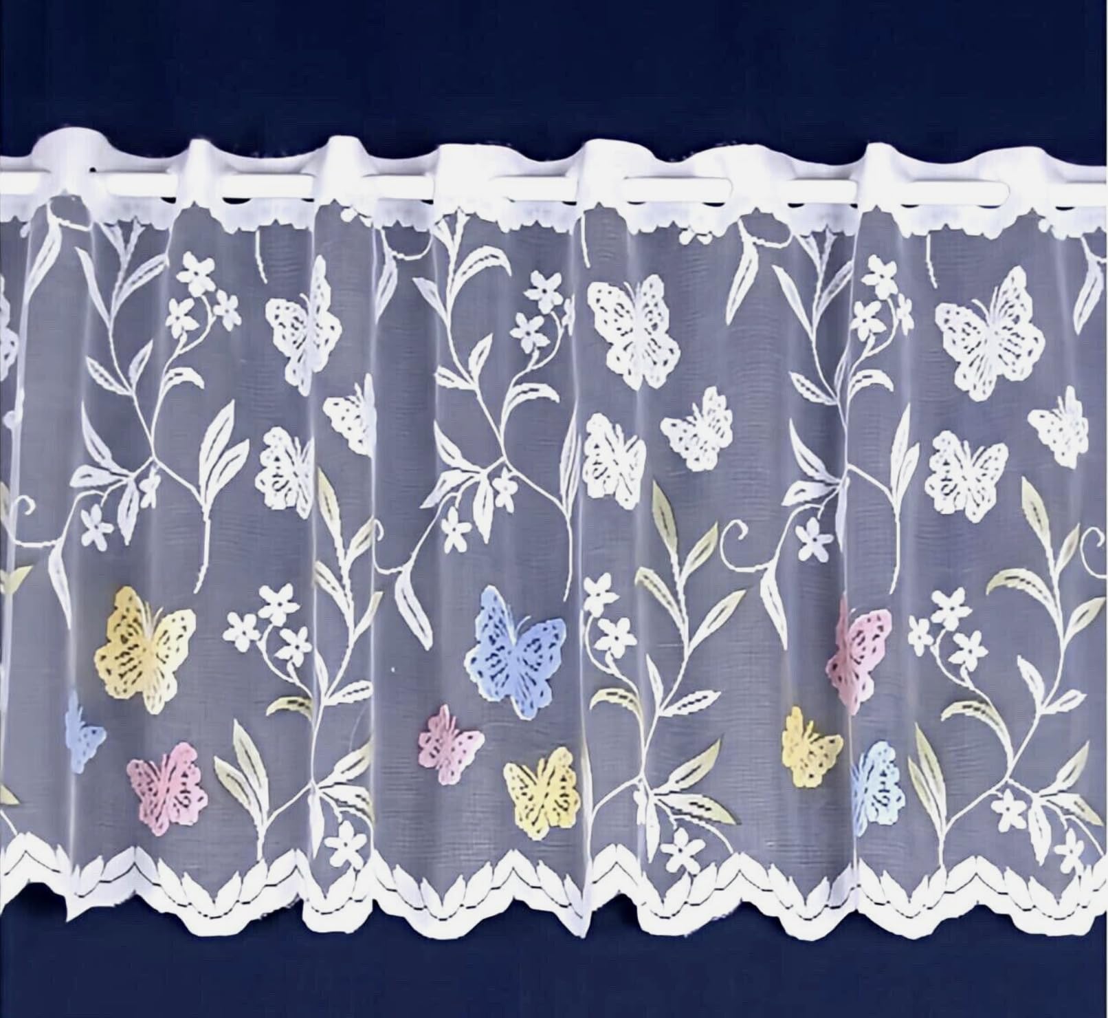 Nancy's Linens MEADOW WHITE CAFE NET CURTAIN WITH COLOURED BUTTERFLY MOTIFS ON WHITE BACKGROUND - SOLD BY THE METER Drop: 24" (60cm)