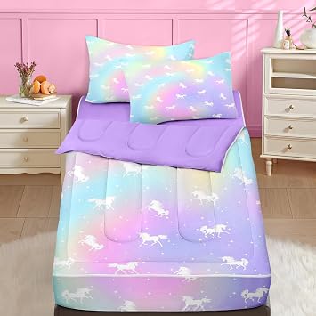 Nesker Full Zipper Bedding, Purple Unicorn Zipper Bedding Sets for Girls, 3pcs All in on one, Tie Dye Rainbow Kids Comforter Set with Fitted Sheet and 2 Pillowcases