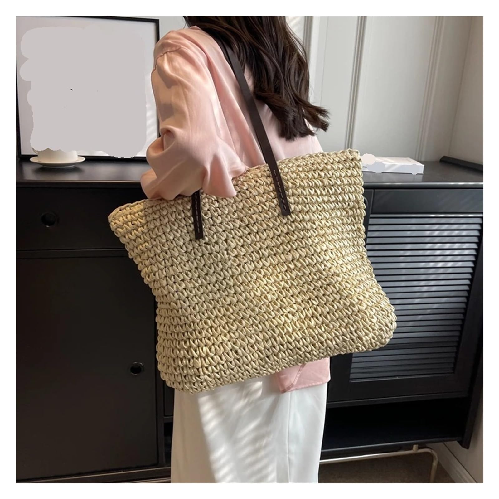 Bolsas tejidas de paja para mujer, gran capacidad, bolsa de playa, color puro, bolsa de compras grande de verano