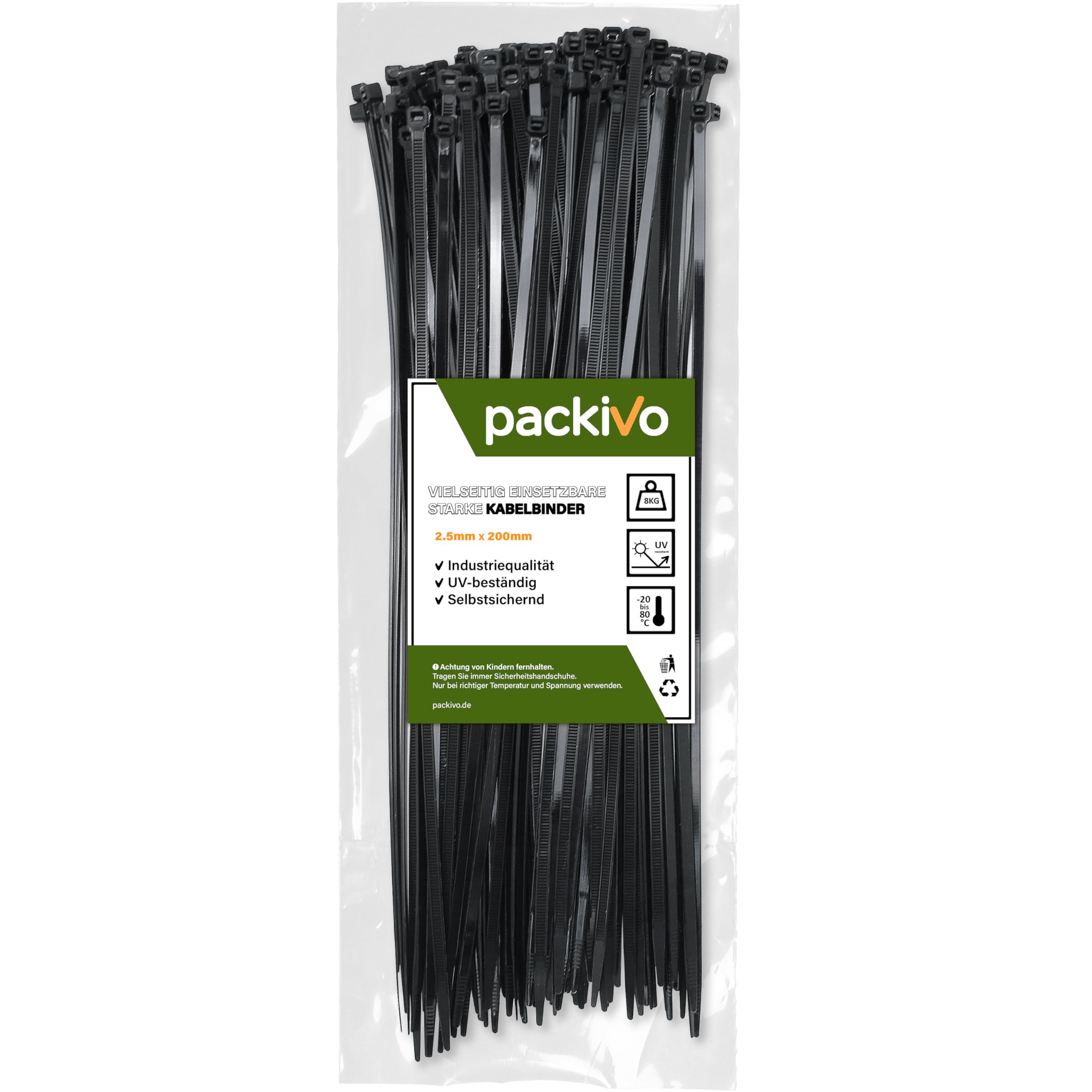 packivo Cable Ties 2.5 x 200 mm, Stable and Tear-Resistant, 8 kg Tensile Force, UV-Resistant - Pack of 100 for Home Garden & Workshop