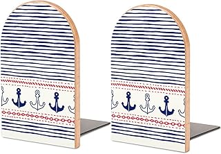 Sujetalibros de madera con rayas y anclas, color azul marino, soportes pesados para estantes, sujetalibros decorativos