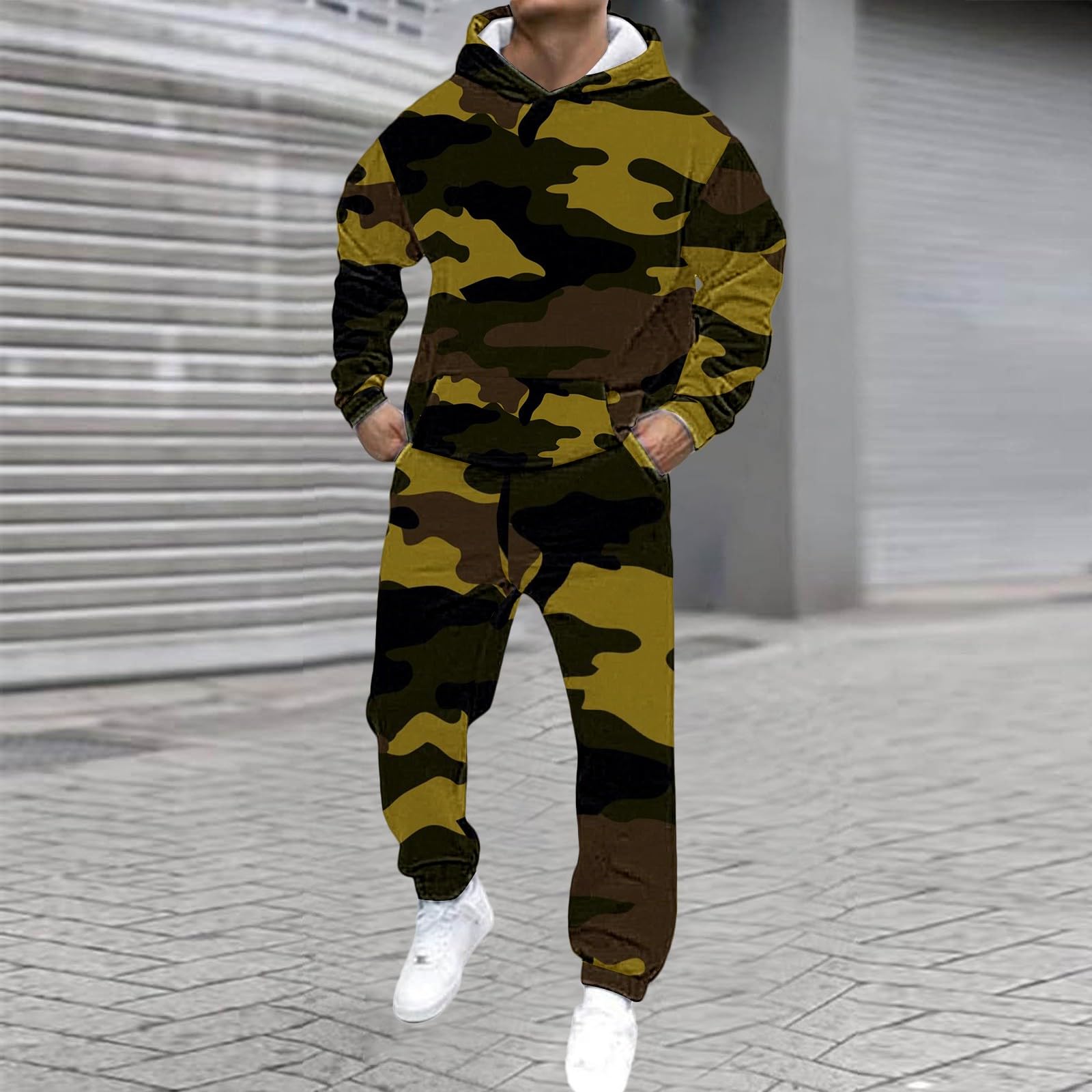 Generisch Tuta da uomo per il tempo libero, 2 pezzi, motivo mimetico, tuta sportiva alla moda, stampa 3D, con cappuccio e pantaloni da jogging, stile urbano alla moda, streatwear