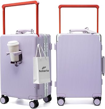 feilario 20 Aluminum Frame Wide Handle PC Hardside Carry On Luggage - Double Spinner Wheels Luxury Rolling Travel Suitcase with TSA Lock & Cup Holder