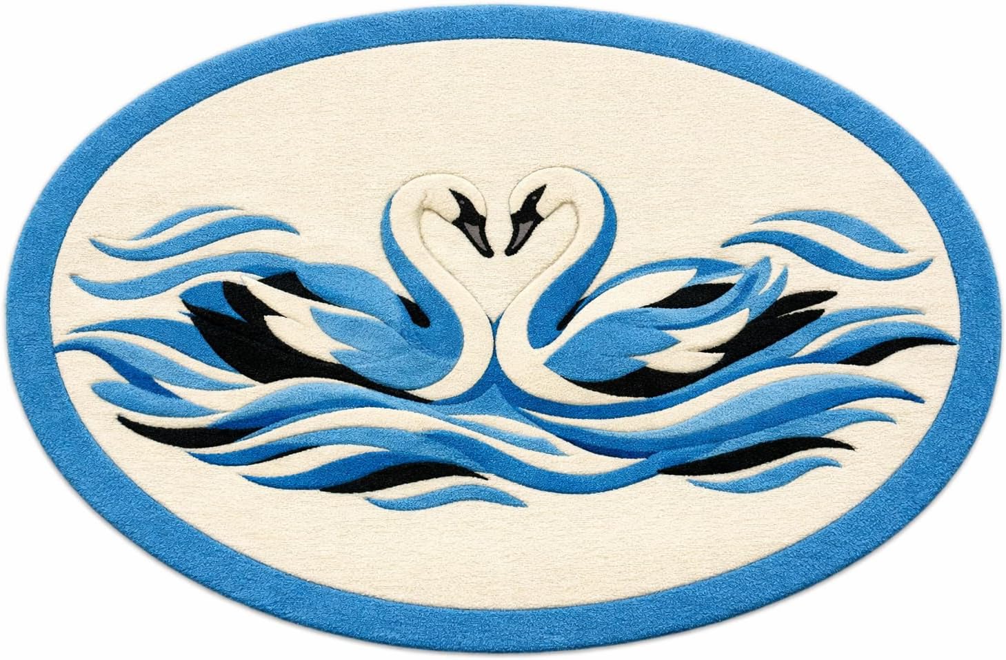Oval Area Rug with Swan Design, Blue and Cream, Hand-Tufted, Heart Shape Swans, Water Wave Pattern, Living Room Bedroom Decor (10 * 10 feet)
