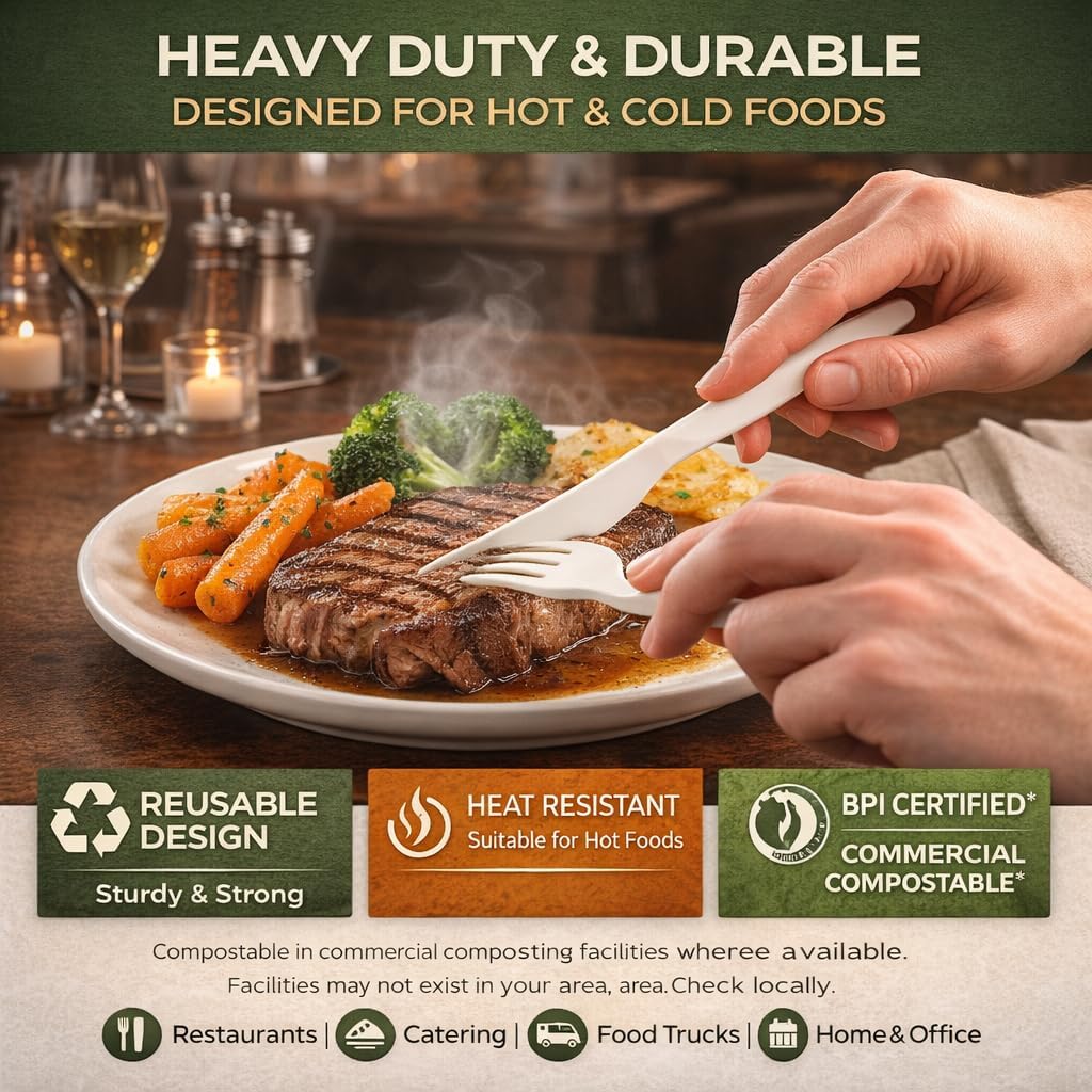 Disposable Cutlery Set 300 Count (100 Forks, 100 Spoons, 100 Knives), Heavy Duty CPLA Plant-Based Utensils, Durable Flatware for Catering, Parties, Camping, Takeout & Food Service Use