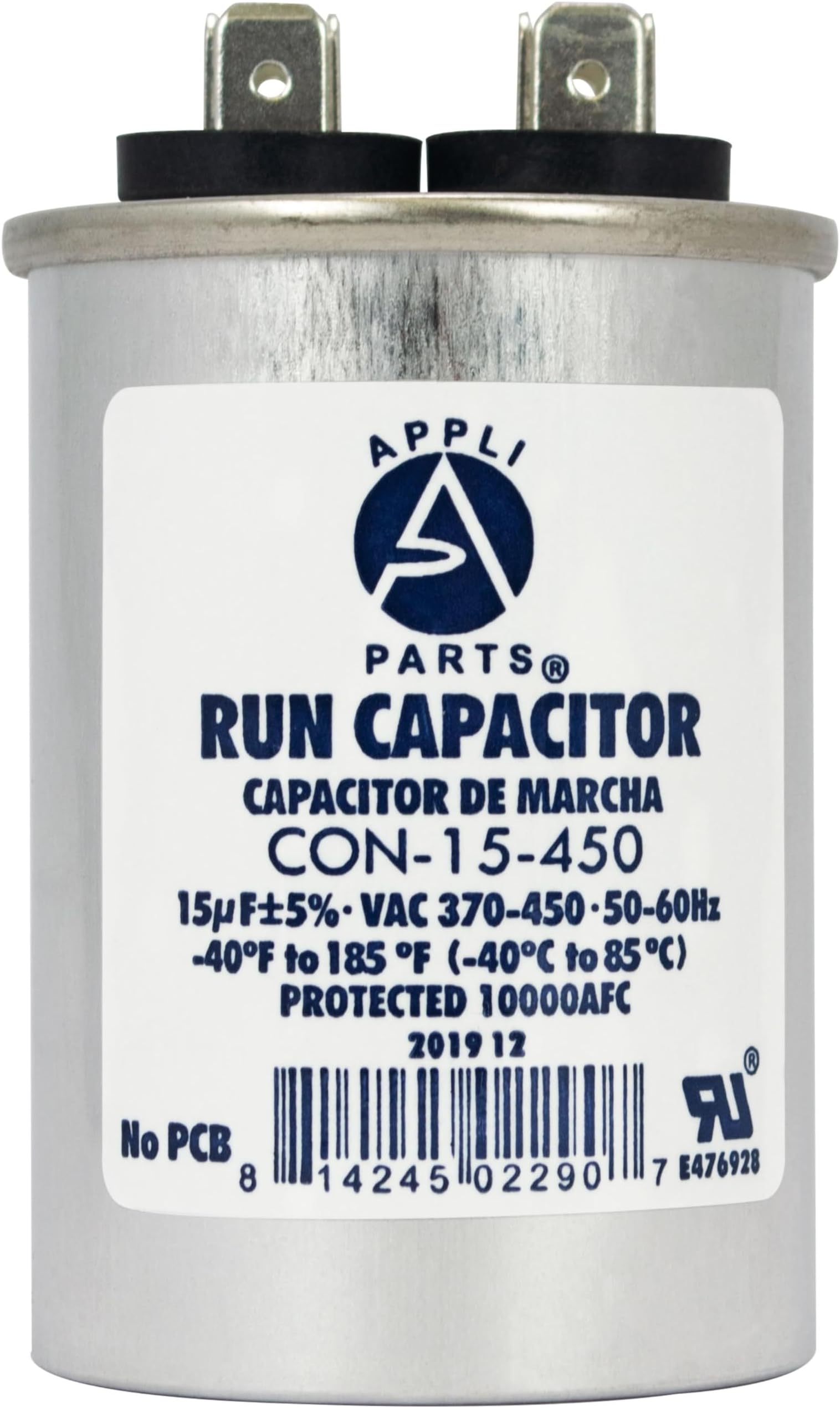 Appli Parts Run Capacitor for ac 15 Mfd uF (microfarads) 370 VAC or 450 VAC CBB65 Round Universal fit for hvac and other applications 3 in High 1-5/8 in Wide CON-15-450