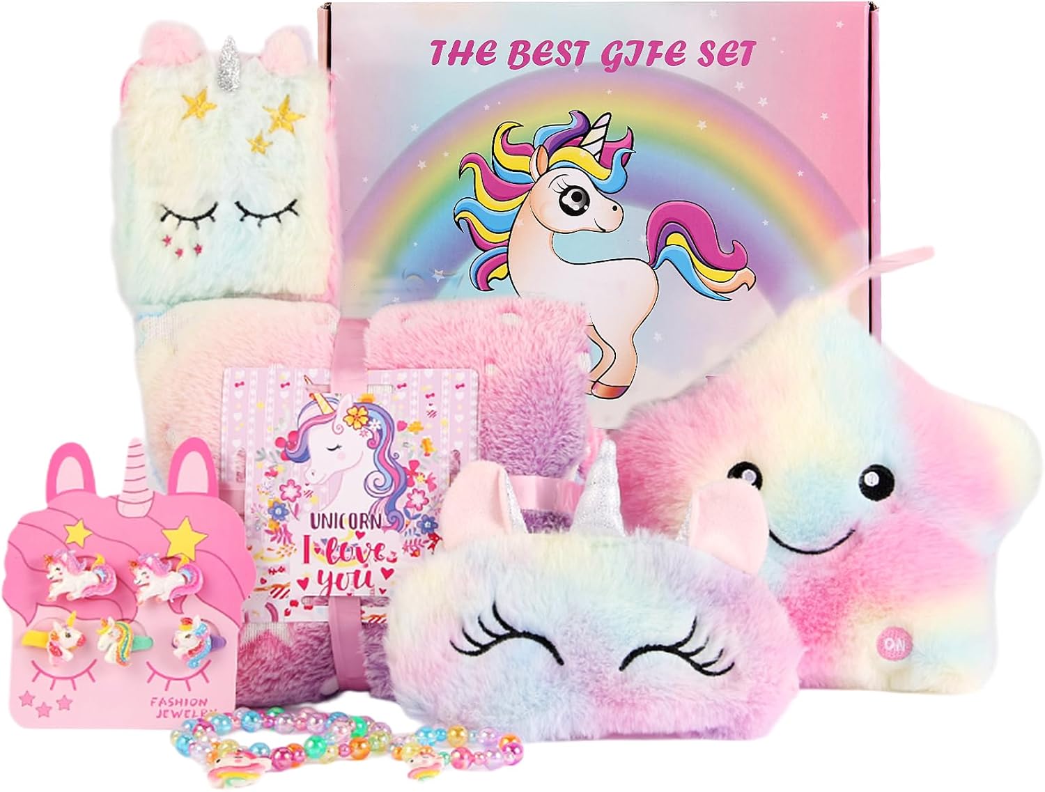 FIIOEOY Unicorn Gift Box for Girls Age 6-8, Unicorn Plush Toy Set with Glow in The Dark Blanket Light Up Star Pillow Eye Mask Crossbody Bag, Birthday Gifts for Daughter Niece