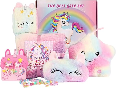 Unicorn Gift Box for Girls Age 6-8, Unicorn Plush Toy Set with Glow in The Dark Blanket Light Up Star Pillow Eye Mask Crossbody Bag, Birthday Gifts for Daughter Niece