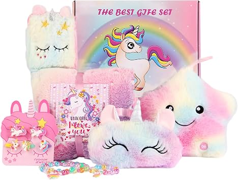 FIIOEOY Unicorn Gift Box for Girls Age 6-8, Unicorn Plush Toy Set with Glow in The Dark Blanket Light Up Star Pillow Eye Mask Crossbody Bag, Birthday Gifts for Daughter Niece