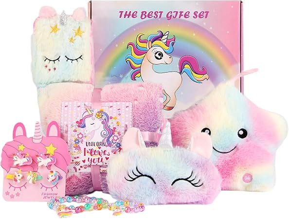 Unicorn Gift Box for Girls Age 6-8, Unicorn Plush Toy Set with Glow in The Dark Blanket Light Up Star Pillow Eye Mask Crossbody Bag, Birthday Gifts for Daughter Niece