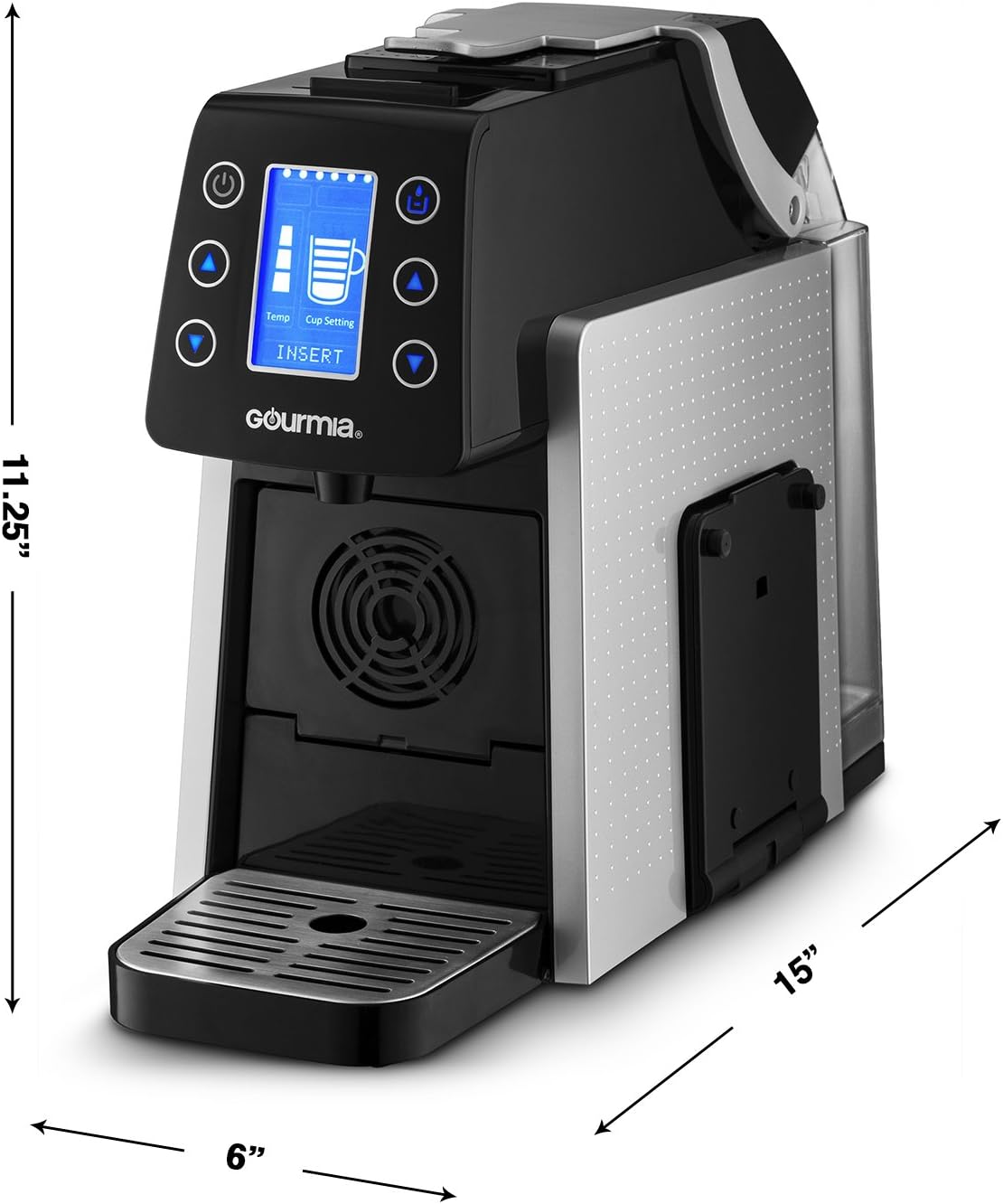 Gourmia GCM5100 One Touch Multi Capsule Coffee & Espresso Machine - Single Serve - Compatible with K-Cup Pods & Nespresso - Adjustable Brew Temperature & Size - Digital Display - 1450W - Silver
