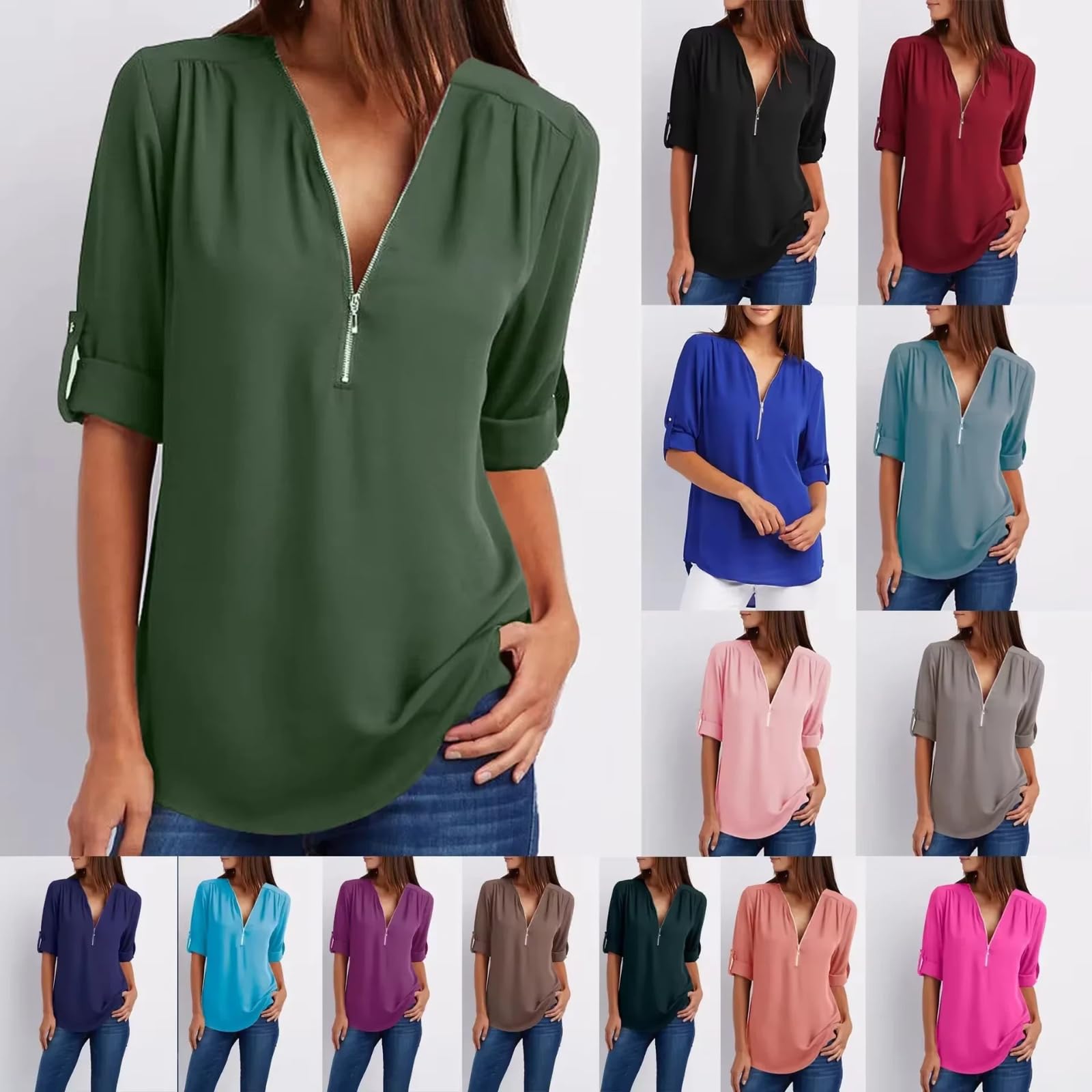 Blusa Mujer Cuello V Gasa con Cremallera Corte Holgado
