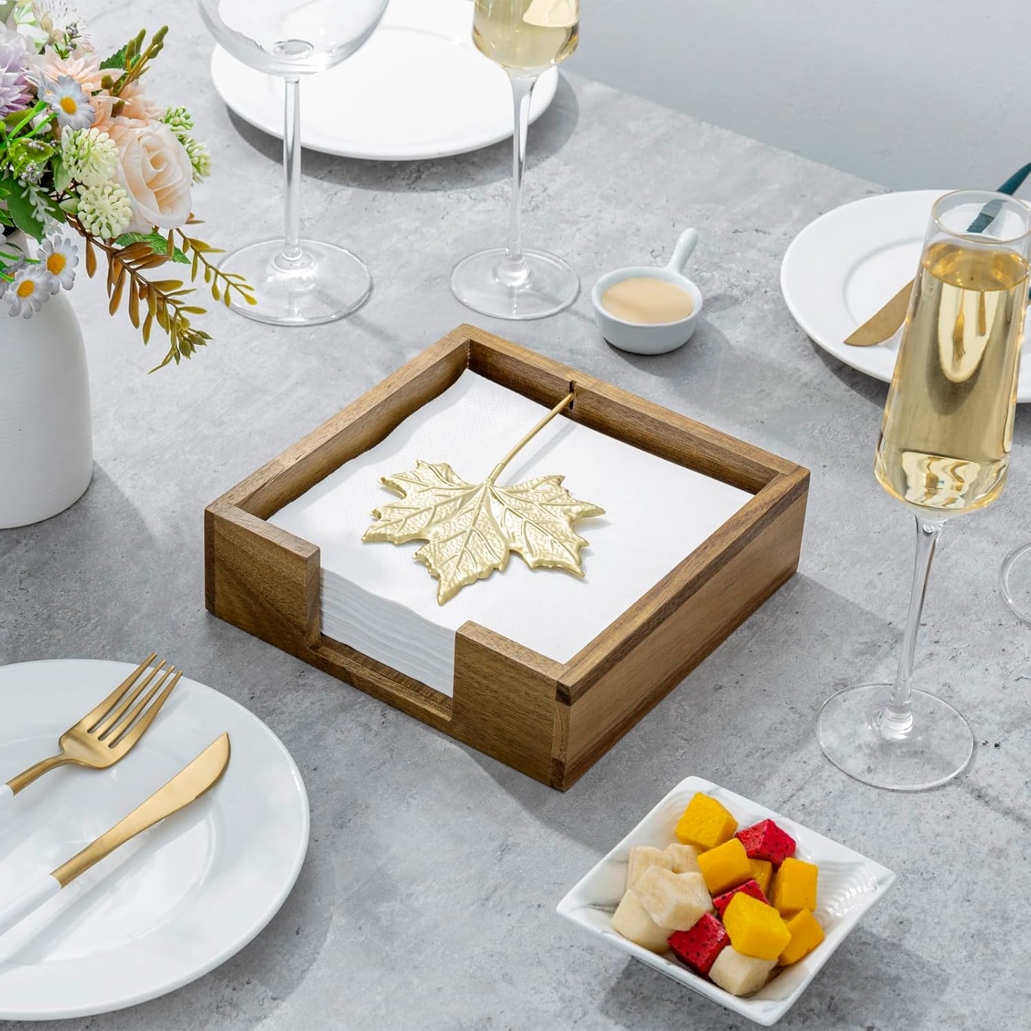 MyGift Premium Acacia Wood Tabletop Napkin Holder – Rustic Square Napkin Dispenser with Decorative Maple Leaf Weighted Arm for Kitchen or Dining Table