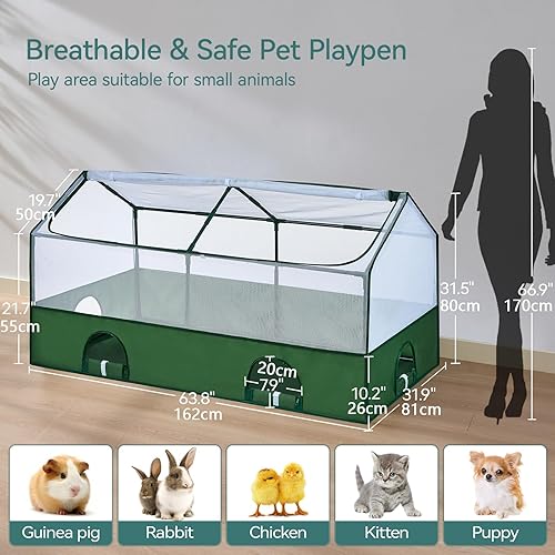 DINMO Small Animal Playpen, Guinea Pig Cages, Rabbit Playpen, puppy play pen for indoors, Pet Playpen with Waterproof Floor for Hamsters, Hedgehogs, bunny,kittens, Indoor Outdoor Portable Fence, Green(63.7 IN)