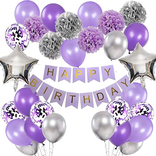Decoraciones de cumpleaños para niñas púrpura y plata Lavanda fiesta decoración Kit para ella mujer incluyendo feliz cumpleaños Banner pompón flor