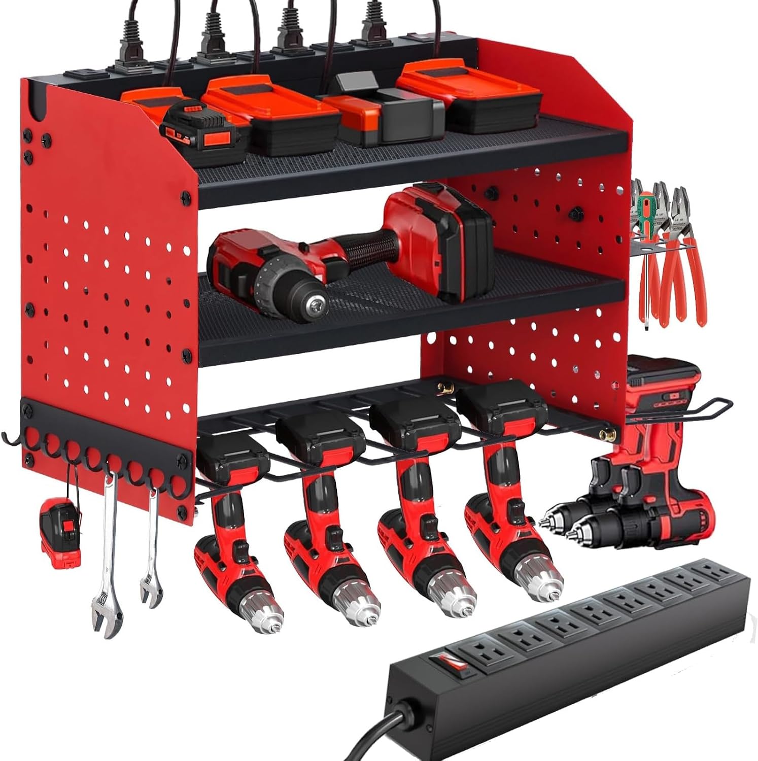 Power Tool Organizer Wall Mount with Charging Station, Heavy Duty 3-Layer Power Tool Storage with 8 Outlets, 4 Drill Holder Garage Tool Organizer, Gift for Men Dad Husband, Workshop Tool Organization