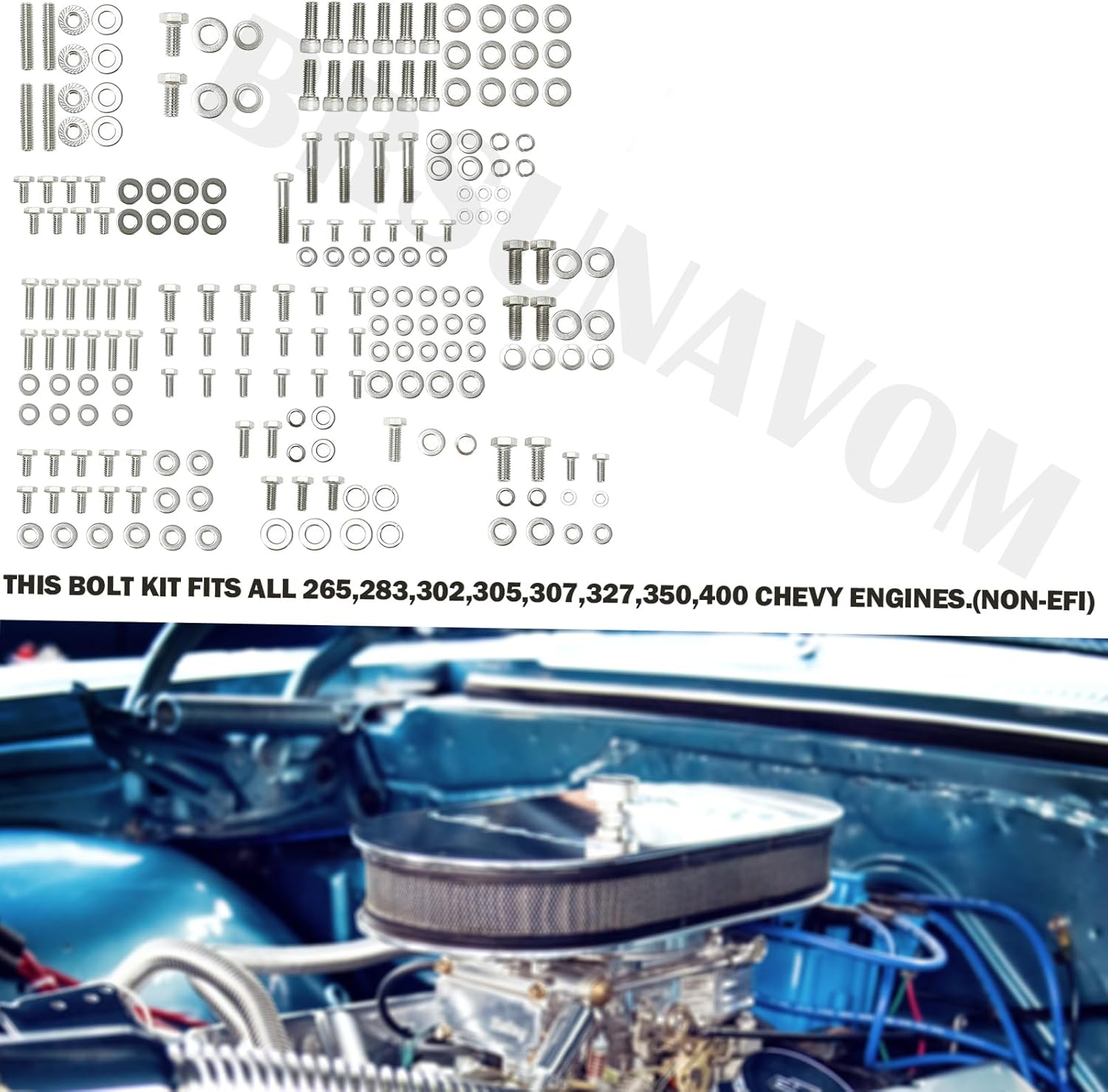 Stainless Steel Small Block Engine Hex Bolt Kit For Chevy 265 283 302 305 307 327 350 400 SBC Engine (211 Pcs Nuts&Bolts)