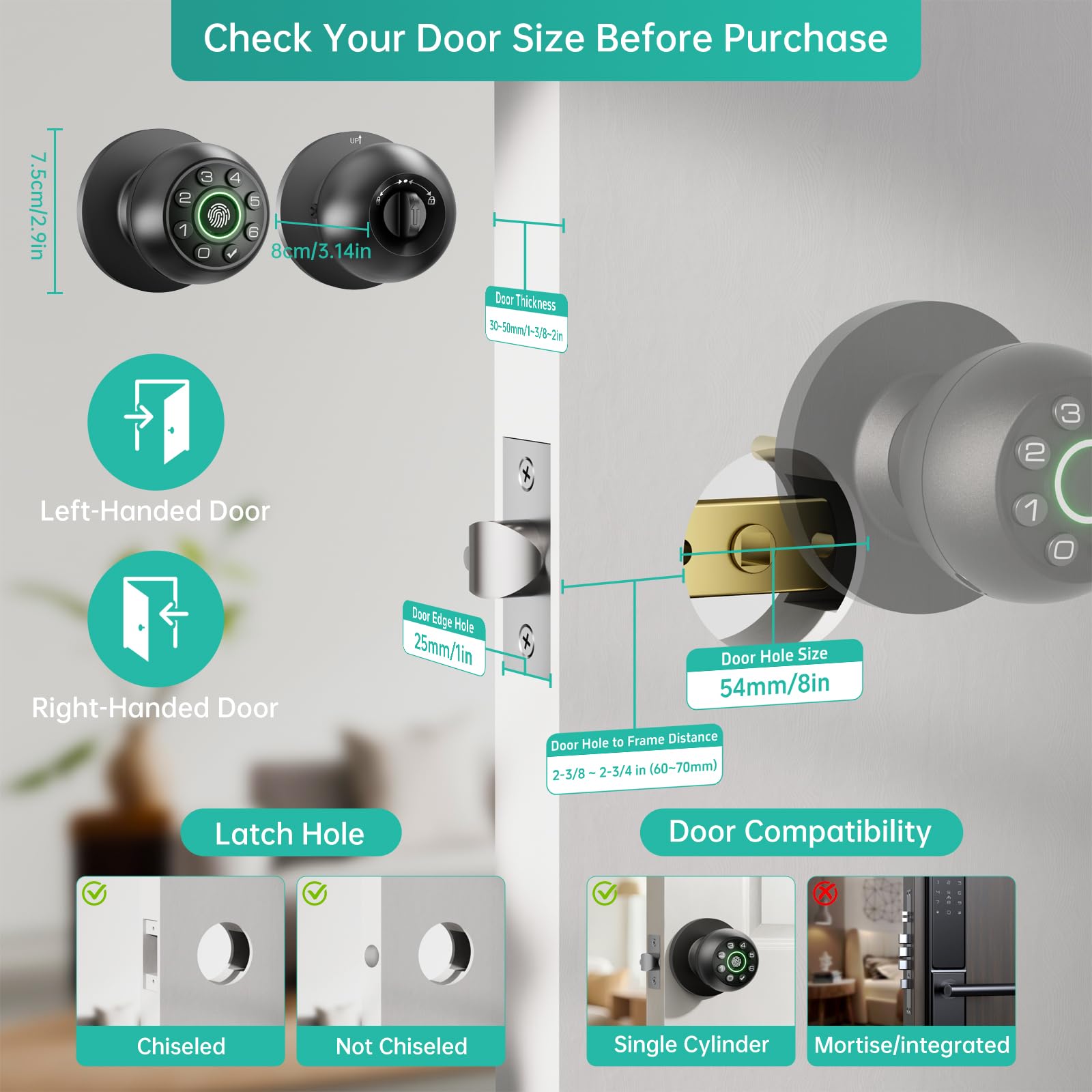 Serrure de porte à empreinte digitale - Bouton de porte intelligent (noir)