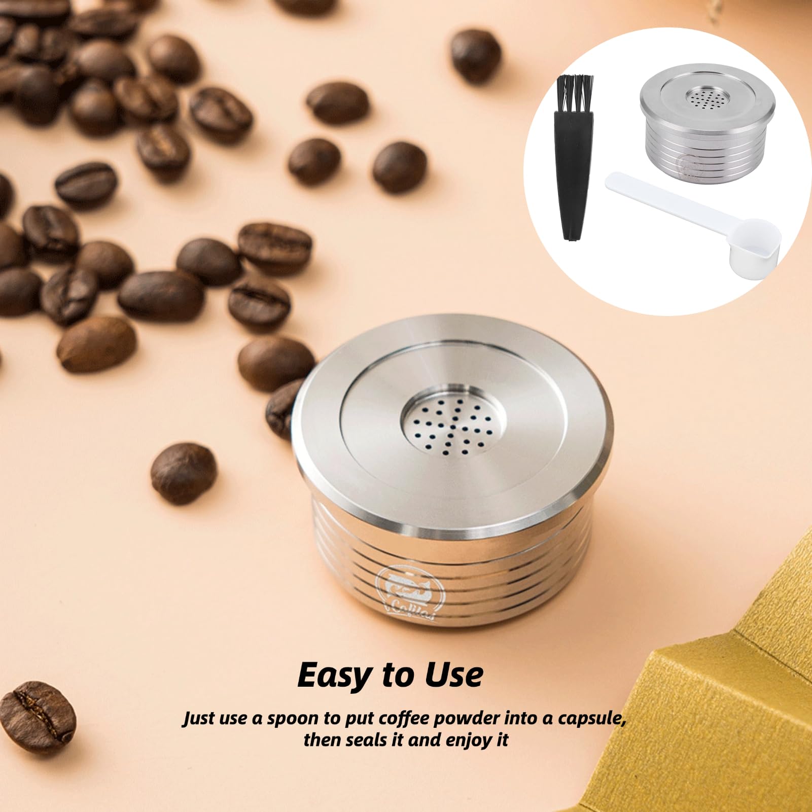 Cápsula de café reutilizable, cápsulas de café recargables de acero inoxidable, con cepillo de cuchara para cafetera DELTA Q NDIQ7323