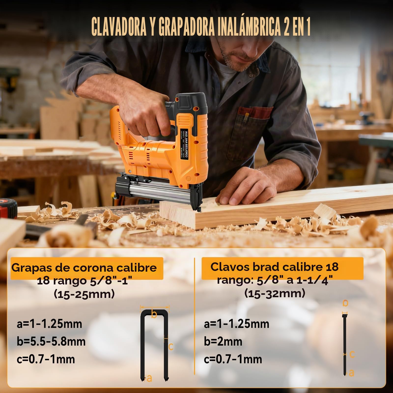 Clavadora inalámbrica de 18 GA compatible con batería Dewalt de 18 V y 20 V, pistola de clavos inalámbrica 2 en 1 mejorada, grapadora de batería con 1000 clavos y 1000 grapas para mejoras del hogar y