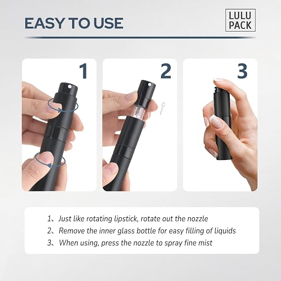 Lulupack 10ml 香水アトマイザー 3個、ケルンスプレーボトル、旅行用詰め替え可能なポータブルスプレーブラック、シルバー、グレー