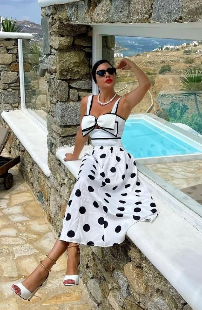 FLAXMAKER Black and White Swimsuit Bow-tie Decor Women's Polka dot Print Skirt One Piece Bathing Suit with Skirt