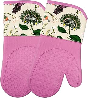 Oven Gloves Heat Resistant Silicone Shell Waterproof Set of 2 Oven Mitts for BBQ Cooking Baking Grilling Barbecue Microwave Gauntlet 33X17 CM (Humming Birds)