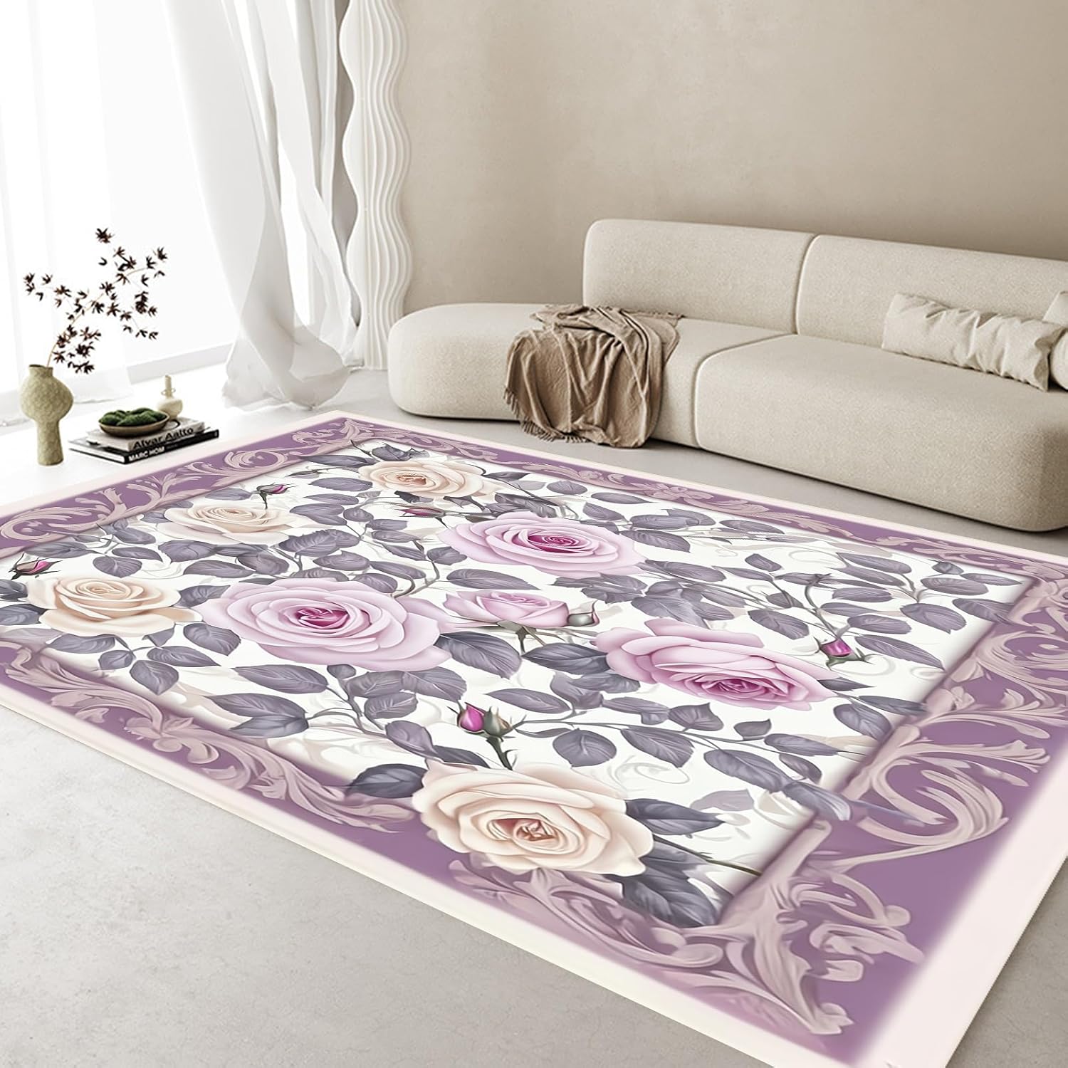 3 * 4ft Purple and Pink Rose Area Rugs Machine Washable Rugs Low Pile Rug Non-Shedding Area Rug Floral Carpet Artistic Carpet for Living Room Bedroom Dining Room Kitchen Indoor Entryway