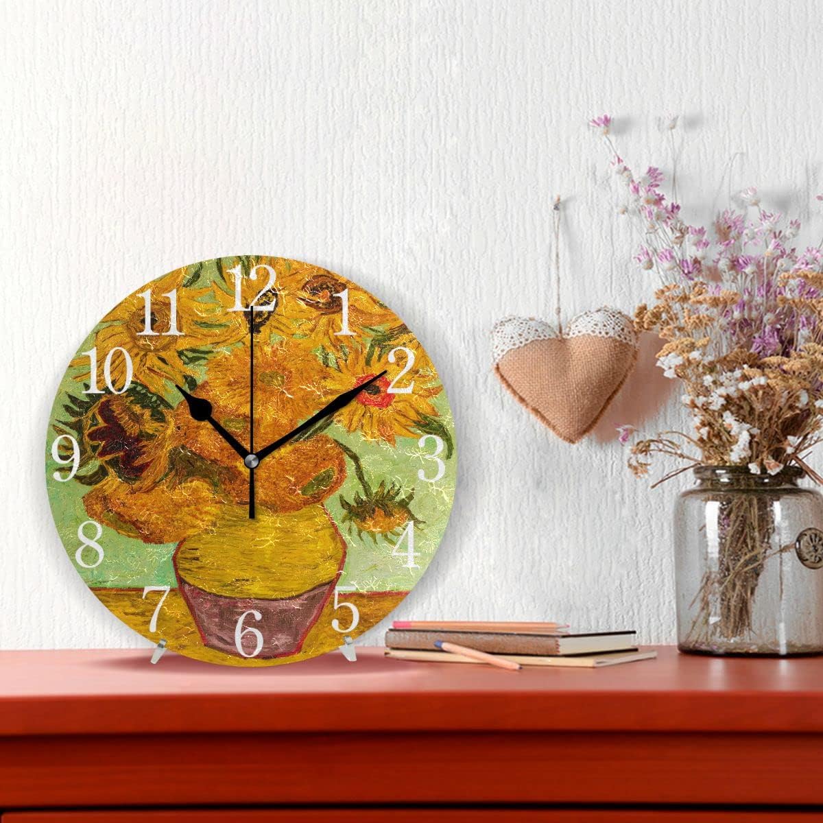 senya Wall Clock Silent 9.5 Inch Battery Operated Non Ticking Sunflower Print Van Gogh Round Decorative Acrylic Quiet Clocks for Bedroom Office School Home by domook