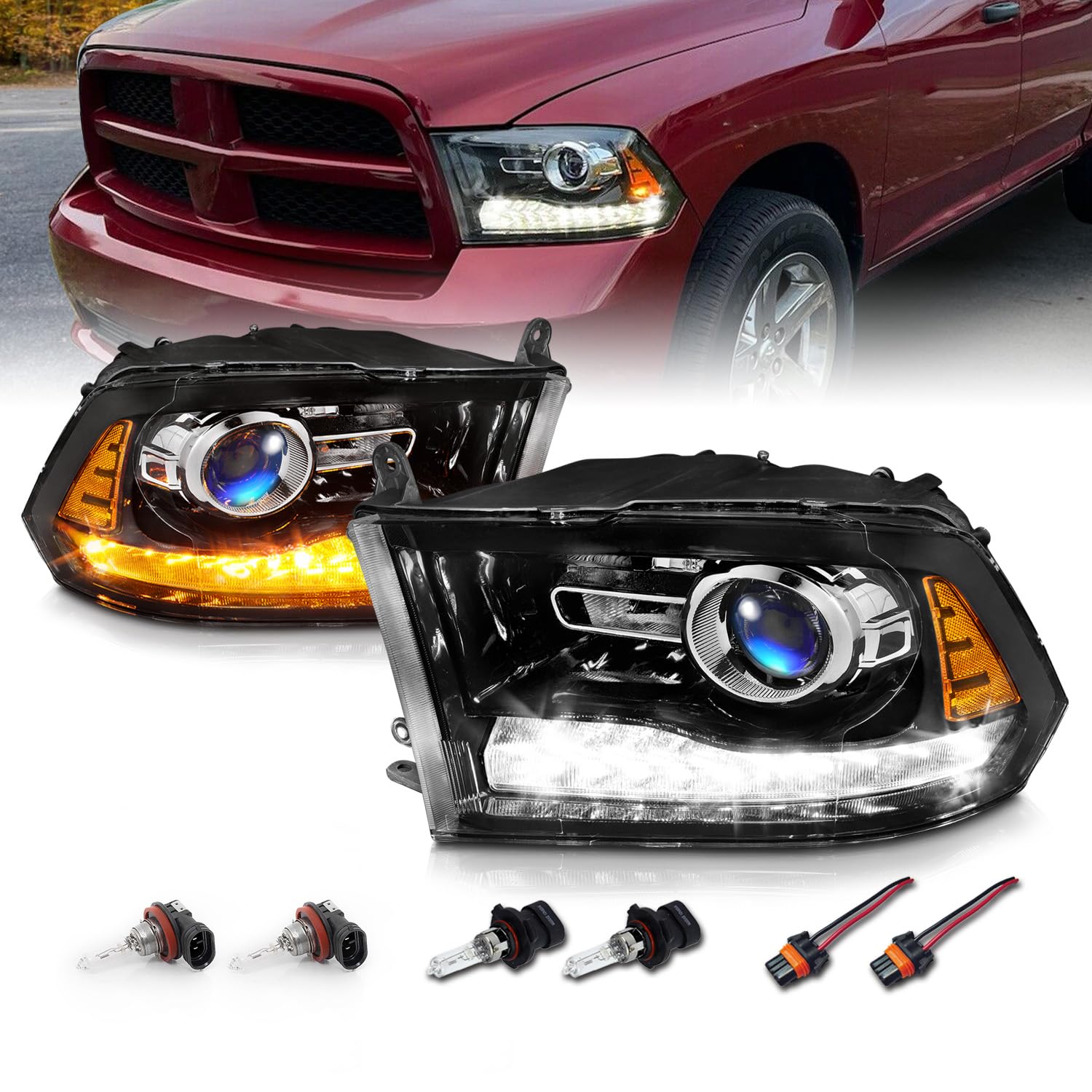 AmeriLite for 2009-2018 Dodge Ram 1500 2500 3500 BOTH Models Switchback LED Polished Black Replacement Projector Headlight Assembly Set - Passenger and Driver Side