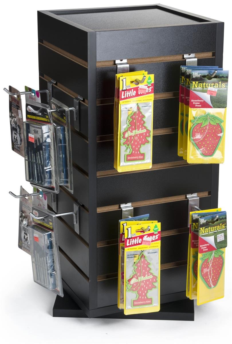 Displays2go Slatwall Display Case with Rotating Base, 28 Display Channels, Counter Mount, Melamine - Black (CTSLWSQ12)