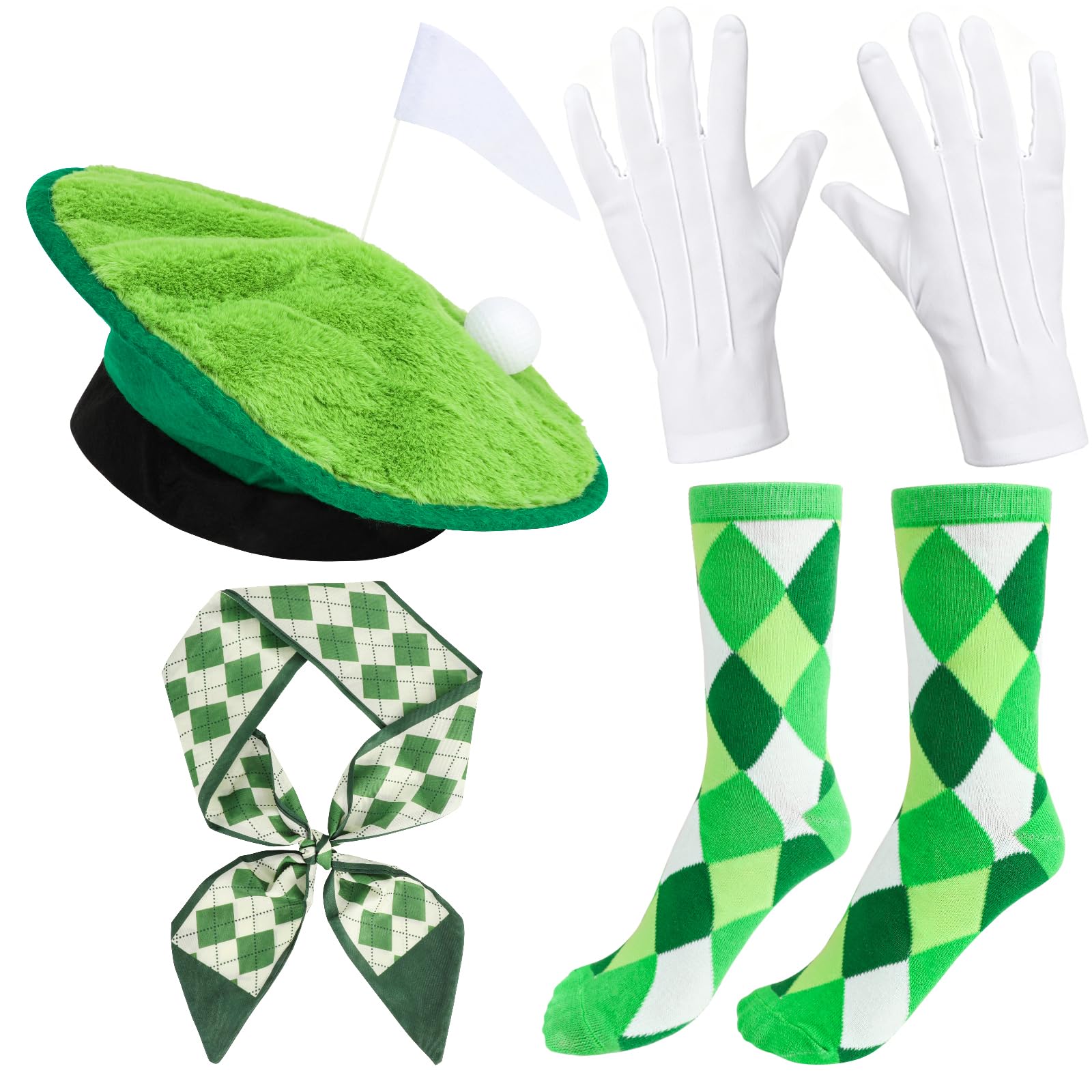 XEPST 4PCS Pub Golf Fancy Dress for Adult - Funny Golf Costume Accessories Set with Green Funny Golfer Beret Hat Neck Scarf Gloves Socks Halloween Costumes for Women Men Cosplay Carnival Pub Night