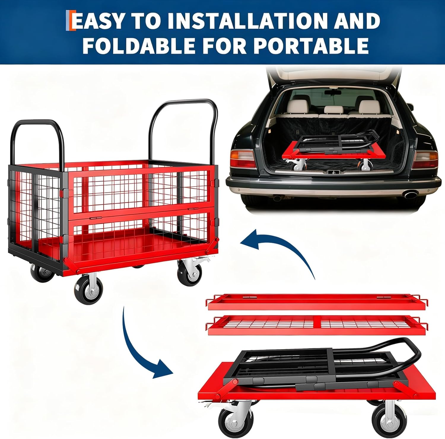 6 in 1 Foldable Platform Truck Cart with Cage, 1800Lbs Capacity Heavy Duty Push Cart Dolly, Moving Flatbed Hand Truck Dolly Cart Multipurpose for Grocery, Laundry, Garage, Warehouse, Black and Red