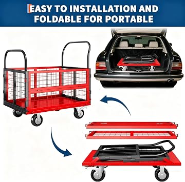 6 in 1 Foldable Platform Truck Cart with Cage, 1800Lbs Capacity Heavy Duty Push Cart Dolly, Moving Flatbed Hand Truck Dolly Cart Multipurpose for Grocery, Laundry, Garage, Warehouse, Black and Red