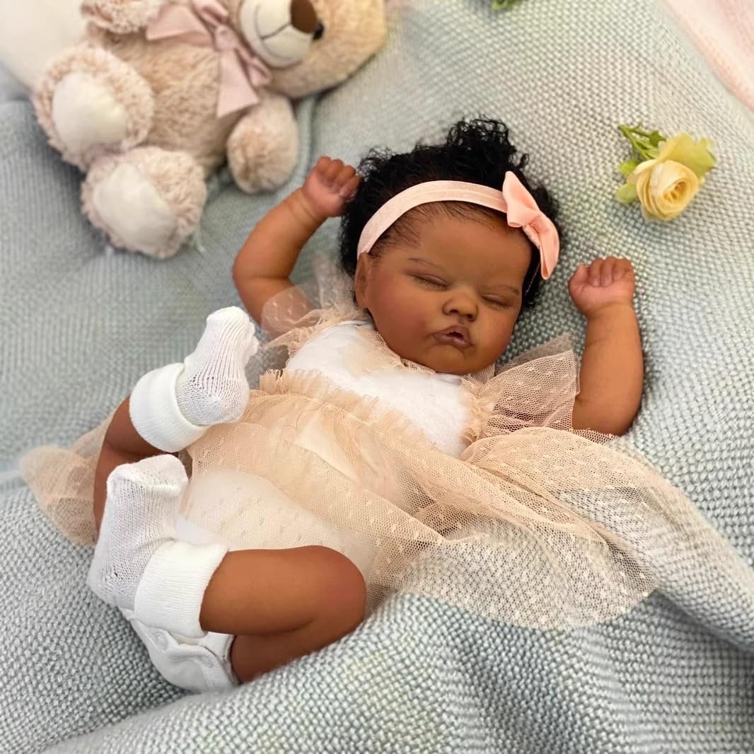 Lifelike Black Reborn Baby Dolls Sleeping Girl 18 Inch Realistic Looking African American Reborn Newborn Baby Real Life Black Baby Girl Dolls with Feeding Kit Accessories Gift Set for Kids